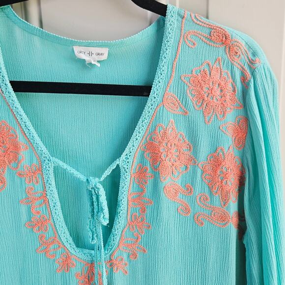 🦃 Aqua Blue Peach Embroidered VNeck Tunic Boho Hippie Blouse Top Size Medium - Picture 7 of 11